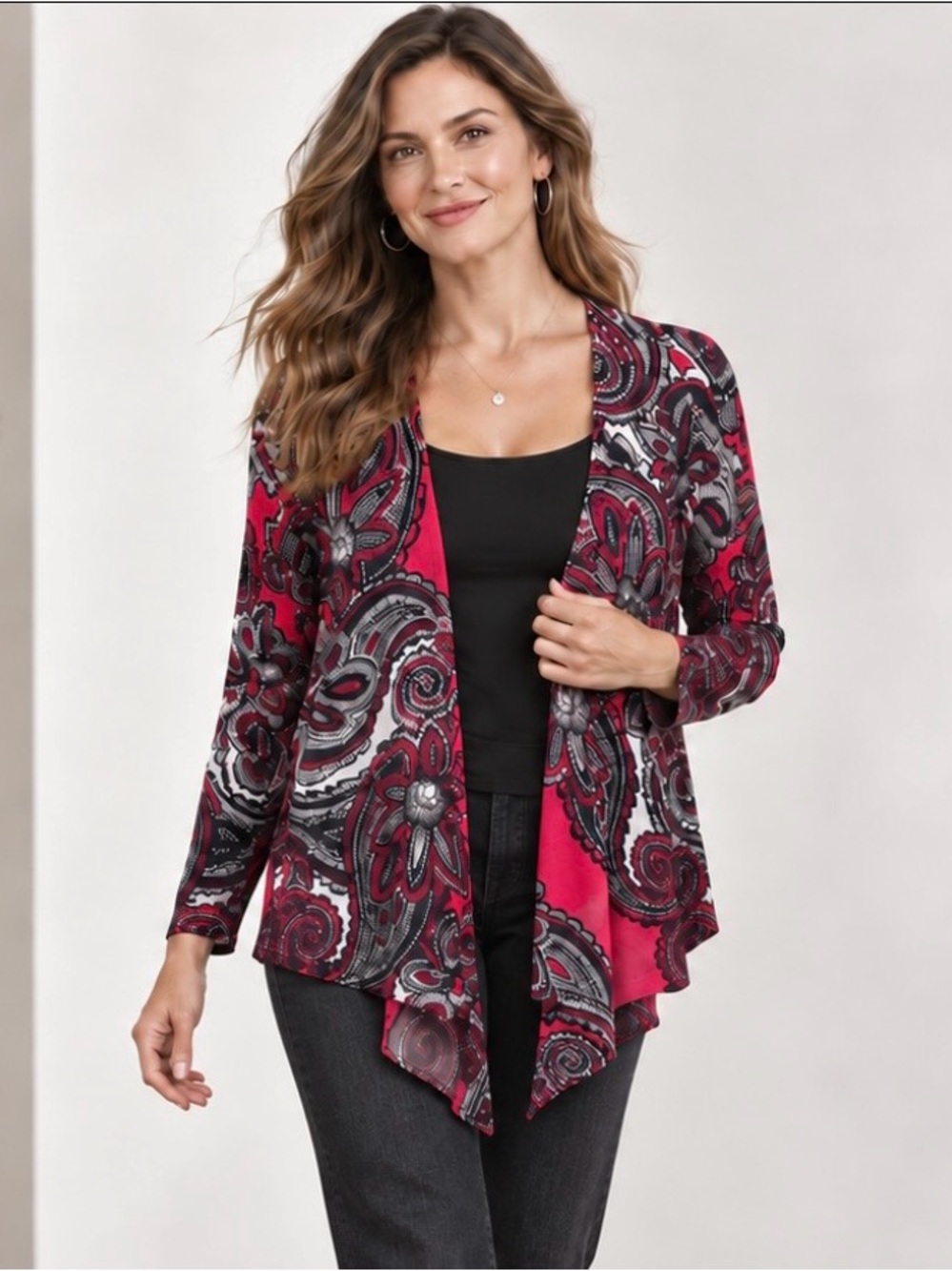 Chico’s Size 2 Red Black Paisley Open Front Cardigan Lightweight Chiffon Hem L